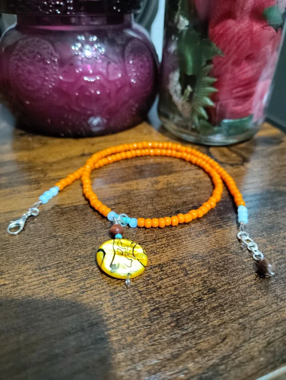Orange Beaded Necklace with Yellow Pendant - Women's Handmade Necklace